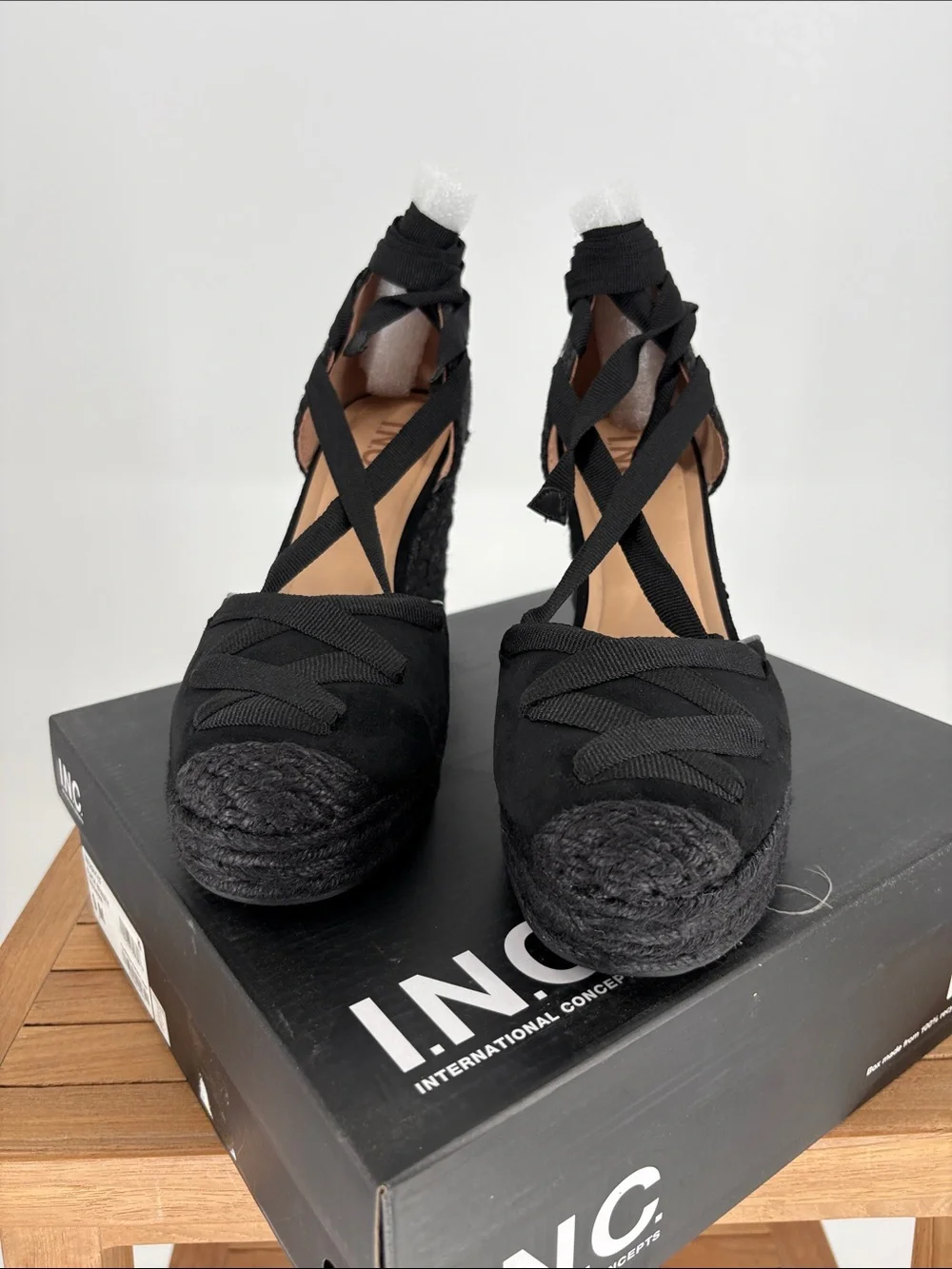 New Women’s INC International Concepts Black Lace-Up Wedge Espadrille size 9M